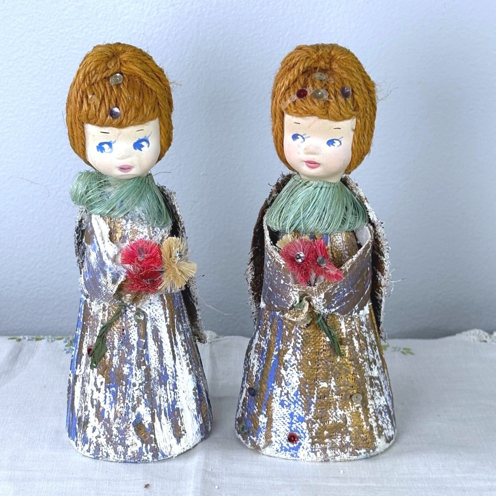 Vintage Mid Century Burlap Christmas Angel Figurines Set of‎ 2